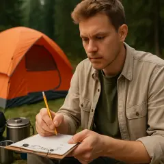 Mężczyzna pisze na kartce w kratkę, siedząc obok pomarańczowego namiotu i sprzętu kempingowego.